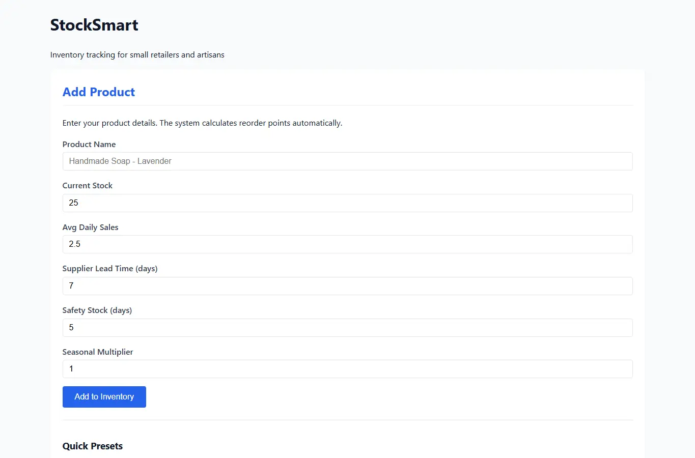 Screenshot of StockSmart - Small Business Inventory Tracker interface showing the project page in use